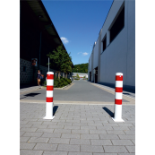 Barrier bollard | Steel tube  152 x 3.2 mm | stationary | for setting in concrete | hot-dip galvanized and white coatedwith three red reflecting stripes | total length: 2000 mm | with welded steel cap